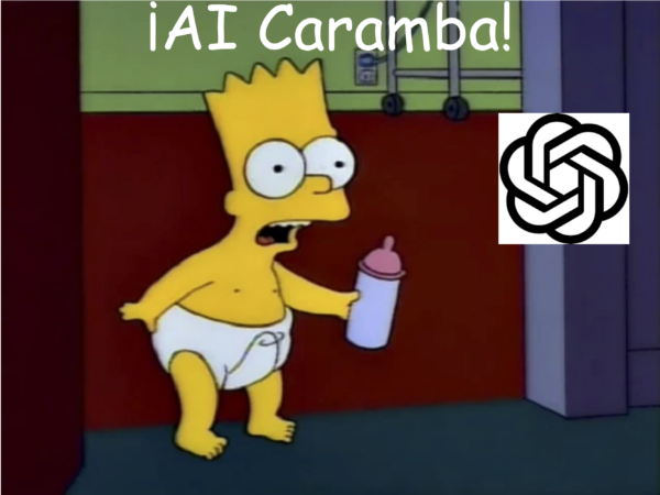 Bart Simpson seeing a ChatGPT logo and saying "AI Caramba!".